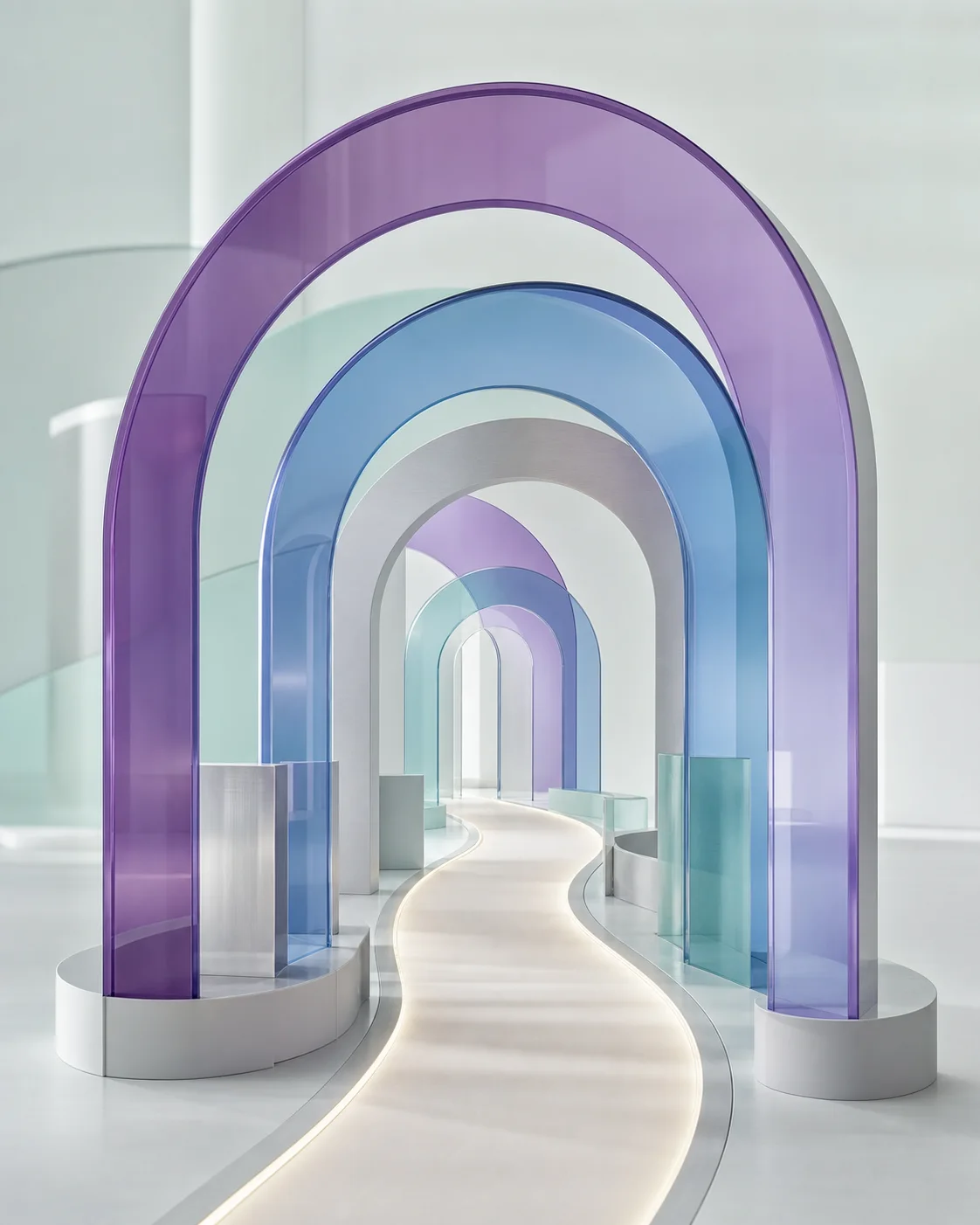 A clear illuminated path passing through layered violet, blue, and silver arches