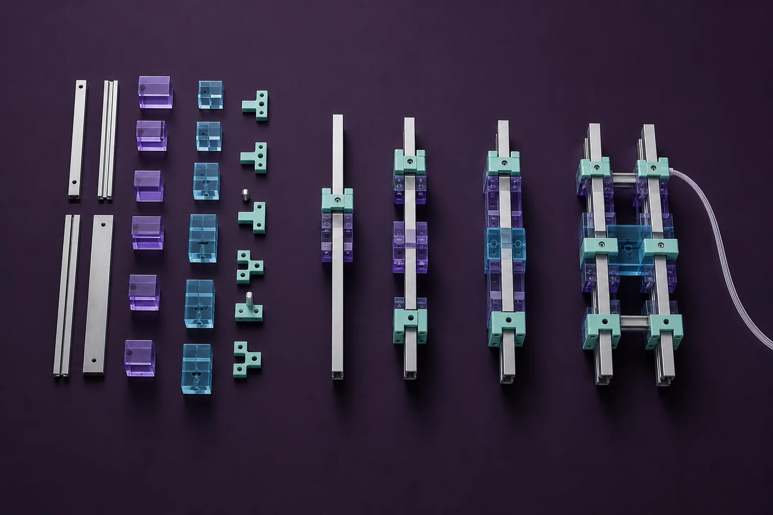 Precision components progressing from separate parts into an integrated working assembly